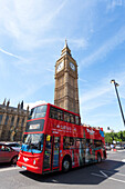 Big Ben clock tower with a touristic bus, Westminster, London, Great Britain, UK