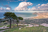 Cornino bay and Cofano Mountain seen from Erice, province of Trapani, Sicily, Italy