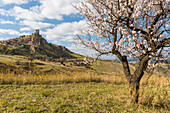 Picturesque view of the medieval hilltop ghost town of Craco, Matera Province, Basilicata, italy