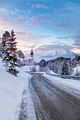 Pilgrimage church Maria Gern in winter and Watzmann in background, Berchtesgaden, Bavaria, Germany, Europe