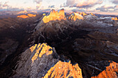 Aerial view of Colac, Gran Vernel, Marmolada and Val Contrin, Dolomites, Trentino Alto Adige, Italy