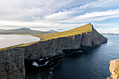 Overview of cliffs and lake Sorvagsvatn, Vagar Island, Faroe Islands