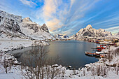 The fiord bay at the small fishing village of Hamnoy in winter, Moskenes, Nordland county, lofoten islands, norway, europe