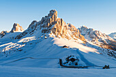 Giau pass in winter at sunrise Europe, Italy, Veneto, Belluno district, Giau pass
