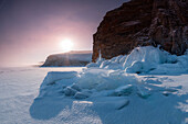 The blocks of ice at the sunrise at Lake Baikal, Irkutsk region, Siberia, Russia