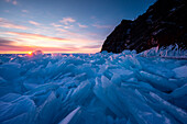 Many pieces of ice united together at sunrise at Lake Baikal, Irkutsk region, Siberia, Russia