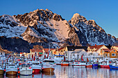 Hafen, Schiffe und Fischerhäuser in Henningsvaer, Lofoten, Nordland, Norwegen