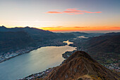 Lecco and the Lake Como viewed from the top of Barro mount at sunrise, Barro mount Regional Park, Lecco province, Lombardy, Italy