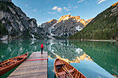 Braies / Prags, Dolomites, South Tyrol, Italy. The Lake Braies / Pragser Wildsee at sunrise