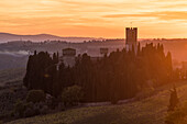 Badia a Passignano at sunset. Tavernelle Val di Pesa, Florence province, Tuscany, Italy