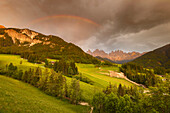 Rainbow after the storm, Santa Magdalena, Funes valley, South Tyrol, Trentino Alto Adige, Bolzano province, Italy, Europe