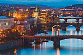 Vltava River with the bridges, Charles Bridge and the Old Town Bridge Tower, Prague, Bohemia, Czech Republic