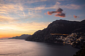 Positano at sunset, Amalfi coast, Salerno, Campania, Italy