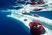 Photograph with prototype two-man personal submarine traveling underwater, Lake Tahoe, California, USA