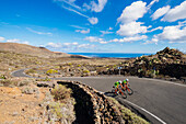 Two road cyclists riding side by side on road, Lanzarote, Canary Islands, Spain