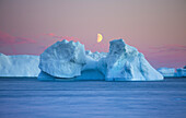 Beautiful polar scenery with icebergs at sunset, Qeqertarsuaq, Disko Island, Greenland