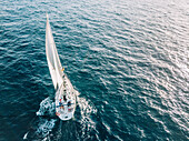 Aerial view of a sailboat in open seas