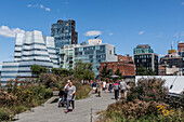 strollers enjoying the planted esplanade of the high line with the iceberg building in the background, meatpacking district, manhattan, new york city, new york, united states, usa