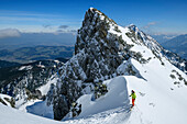 Woman backcountry-skiing looking into steep snow-gully, Zwiesel, Chiemgau Alps, Chiemgau, Upper Bavaria, Bavaria, Germany