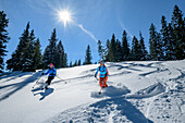 Zwei Frauen auf Skitour fahren durch Pulverschnee ab, Predigtstuhl, Chiemgauer Alpen, Chiemgau, Oberbayern, Bayern, Deutschland