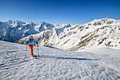 Frau auf Skitour steigt zum Piz Redival auf, Cima Presanella im Hintergrund, Piz Redival, Val Strino, Ortlergruppe, Trentino, Italien