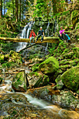 Three persons sitting on trunk over stream, Albsteig, Black Forest, Baden-Wuerttemberg, Germany