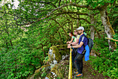 Drei Personen beim Wandern steht an Geländer und blicken in Wald, Albsteig, Schwarzwald, Baden-Württemberg, Deutschland