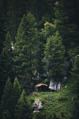 Alte Holzhütte im Wald, E5, Alpenüberquerung, 2. Etappe, Lechtal, Holzgau, Tirol, Österreich, Kemptner Hütte zur Memminger Hütte