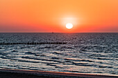 Sunset with fishing boat, Wangerooge, East Frisia, Lower Saxony, Germany