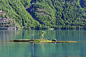 Insel Vesleholmen am Oppstrynsvatnet, bei Oppstryn, Sogn og Fjordane, Fjordnorwegen, Südnorwegen, Norwegen, Skandinavien, Nordeuropa, Europa