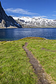 Trail to the lake Djupvatnet in front of the mountain Djupvassegga and glacier Skjerdingdalsbreen, More and Romsdal, Fjord norway, Southern norway, Norway, Scandinavia, Northern Europe, Europe