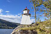Lighthouse at the fjord Sørfjord, Indre Arna, near Bergen, Hordaland, Fjord norway, Southern norway, Norway, Scandinavia, Northern Europe, Europe