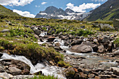 Ochsental, Ochsentaler Gletscher, Piz Buin, Bach, Bezirk Bludenz, Vorarlberg, Österreich, Europa