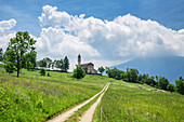 Path leading through meadow towards church, Santa Maria, Morinesio, Val Maira, Cottian Alps, Piedmont, Italy