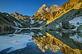 Monviso reflecting in mountain lake, Monte Viso, Monviso, valley valle di Po, Cottian Alps, Piedmont, Italy