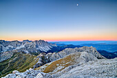 Langkofel and Geisler Range during blue hour with twilight wedge, from Peitlerkofel, Dolomites, UNESCO World Heritage Site Dolomites, South Tyrol, Italy