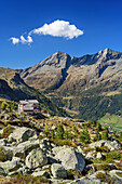 Hut Kasseler Huette with Grosser Moosstock and Durreck in background, hut Kasseler Huette, valley of Reinbachtal, Rieserferner Group, South Tyrol, Italy