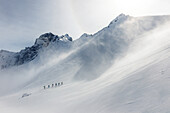 Group of skiers ascending untracked snow slope, Stubai Alps, Tyrol, Austria