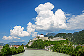 River Inn with castle of Kufstein and Kaiser Mountains in background, Kufstein, Tyrol, Austria