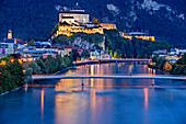 River Inn with city and illuminated castle of Kufstein, Kufstein, Tyrol, Austria
