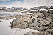 frozen artificial lake Lyngsvatnet at highlands of Norway around Lysebotn, Scandinavia, Europe