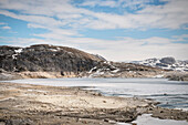 frozen artificial lake Lyngsvatnet at highlands of Norway around Lysebotn, Scandinavia, Europe
