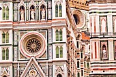 Cathedral of Saint Mary of the Flower, Cattedrale di Santa Maria del Fiore, Giotto’s Campanile, bell tower, Brunelleschi's Dome, Piazza del Duomo, Florence, Tuscany, Italy, Europe.