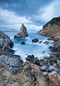 Es Niu de s'Aguila under storm, Alcudia, Majorca, Balearic Islands, Spain