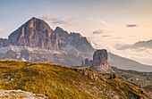 Tofane and Cinque Torri groups at dawn, Cortina d'Ampezzo, Belluno district, Veneto, Italy.