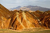 Eroded hills of sedimentary conglomerate and sandstone,. Unesco World Heritage, Zhangye, China.