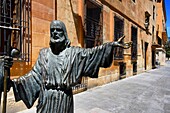 Plaça de Santa Maria around Basilica Santa Maria, Ternari - bronze sculpture by Miguel Ruiz, recreating a scene from The Mystery of Elche, one from the group of figures of Apostles, historic center of Elche, Elche, Elx, Alicante province, Valencian Commun
