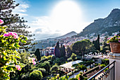 View from the Grand Hotel Timeo to the volcano etna and Taormina, Sicily, South Italy, Italy