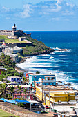 Atlantic coast with view to San Felipe del Morro Fortress, San Juan, Puerto Rico, Caribbean, USA
