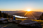 View from Hochfirst to Lake Titisee and Feldberg mountain at sunset, near Neustadt, Black Forest, Baden-Württemberg, Germany